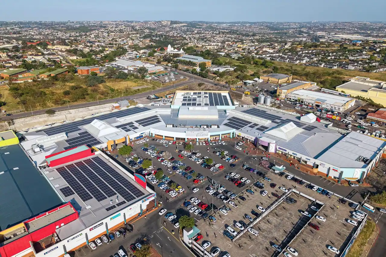 Aerial view of Phoenix Plaza, one of the Vukile centres, with solar arrays on its roofs