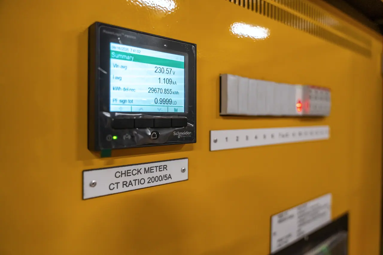 The solar check meter on its panel at Irene Village Mall, its display showing live readings